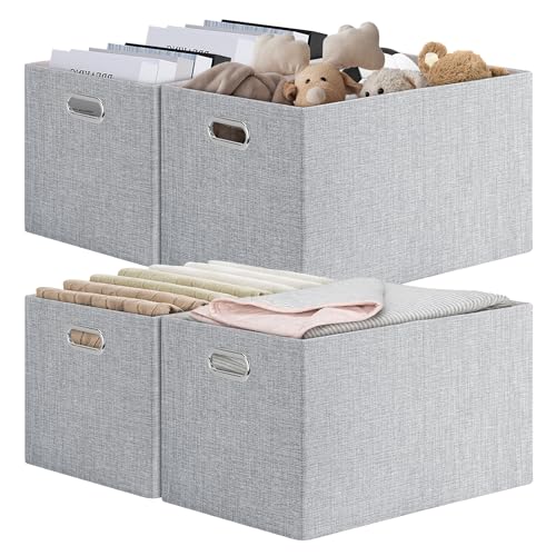 Posprica Closet Organizers and Storage, 4 Pack Large Linen Storage Bins, Decorative Shelf Storage Baskets for Organizing, Foldable Fabric Storage Box for Clothes, Toy, 16.5x12x10.25 Inch(Grey) - color: Grey, size: 16.5Lx12Wx10.25H
