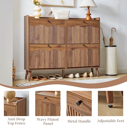 Bifins Shoe Storage Cabinet with 4 Wavy Fluted Flip Drawers, Modern 47.2” Wide Hidden Narrow Shoe Rack Cabinet for Entryway Foyer Hallway (Walnut 4 Drawer) - color: Walnut 4 Drawer