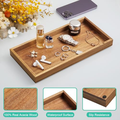 ALELION 13" Bathroom Vanity Tray for Counter - Acacia Wood Decorative Tray for Toilet Tank Makeup Perfume Jewelry Catchall Coffee Table - Wooden Kitchen Countertop Organizer for Soap Dispenser - color: Acacia, size: 6.5" x 1.2" x 13"