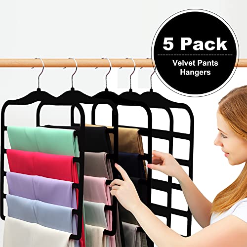 Closet Organizers and Storage,5 Pack Velvet Pants-Hangers-Space-Saving,Non Silp 5 Tier Scarf Jeans Organizer,Dorm Room Essentials for College Students Girls Boys Guys,Organization and Storage - color: Dark Black