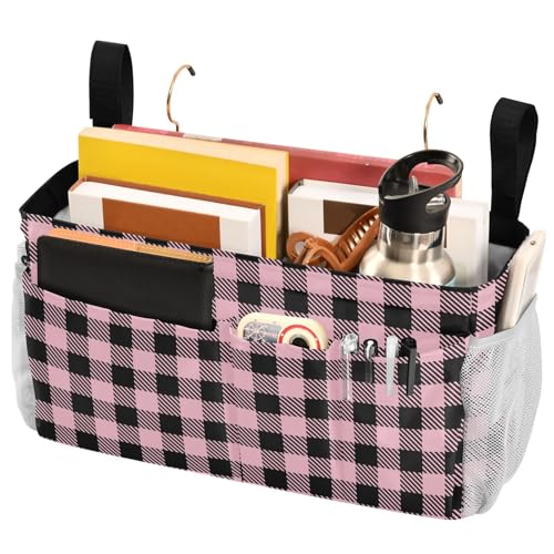 Buffalo Plaid Check Pink Print Bedside Caddy Storage Bag Bedside Organizer for Bunk Bed Headboards College Organizer Caddy Hanging Shelf 6 Pockets with Hooks for Drinks Magazine Phone Holder - color: Buffalo Plaid Check Pink