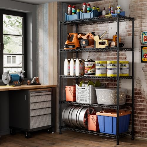 SINGAYE 5 Garage Heavy Duty Shelving Unit Kitchen Pantry Close Home Organizers and Storage Bathroom Shelf Laundry Room Organization Industrial Book Metal Wire Adjustable Shelves - color: Black, size: 5-Tier 18"D X 46"W X 77.2"H