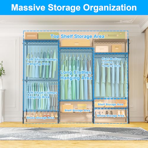 Ulif E13C Heavy Duty Closet Organizer System，Freestanding Clothing Racks for Hanging Clothes，Adjustable Garment Rack 63" W x 16" D x 77" H Hold 960 lbs，Black Clothing Rack with Black Dustproof Cover - color: Black Rack with Black Cover, size: E13C