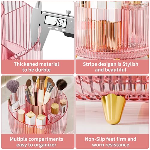 Clear Rotating Makeup Organizer Countertop for Vanity, 360° Makeup Brush Holder Organizer with 5 Compartments, Transparent Cosmetic Storage for Lipstick, Skincare, Bathroom Counter (Transparent Pink) - color: Transparent Pink