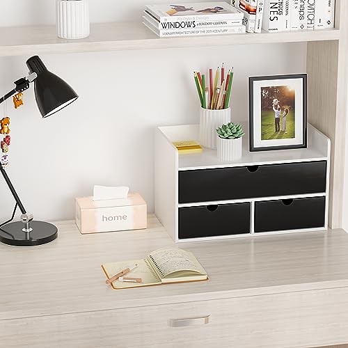 Wisuce Desk Organizer with Drawers - White-Black Bamboo Desktop Organizer Storage | Wood Desk Drawers Organizer for Bills, Office Supplies, Cosmetics, Seals No Assembled - color: White-Black, size: 13”L x 6.6”W x7.87”H
