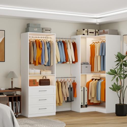 Closet System with 3 Wooden Drawers, 4.5-6FT Corner Closet Organizer System for Walk in Closet, Heavy Duty Modular Closet Systems, Built-in Shelving System with 5 Hanging Rods, 2-Piece Set - color: SL0709