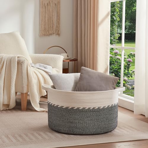 OIAHOMY 125L Extra Large Blanket Basket, 25" x 16", Jumbo Laundry Hamper, Cotton Rope Basket with Handles,Baby Toy Storage Bins,Black - color: Black, size: 25" x 25" x 16"