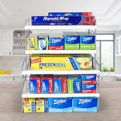 2 Pack Expandable Kitchen Wrap Organizer Rack, Height & Width Adjustable Aluminum Foil and Plastic Wrap Organizer for Pantry, Cabinet Food Wrap Organization and Storage - (3 Tier 9.8 to 15.6"L) - color: White-2P
