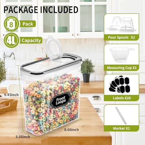 Skroam 8PCS Cereal Containers Storage [4L/135.2 oz], Airtight Food Storage Containers with Pour Spout for Kitchen & Pantry Organization Storage, Plastic Cereal Dispensers, Measuring Cup & 20 Labels - color: 8 PACK