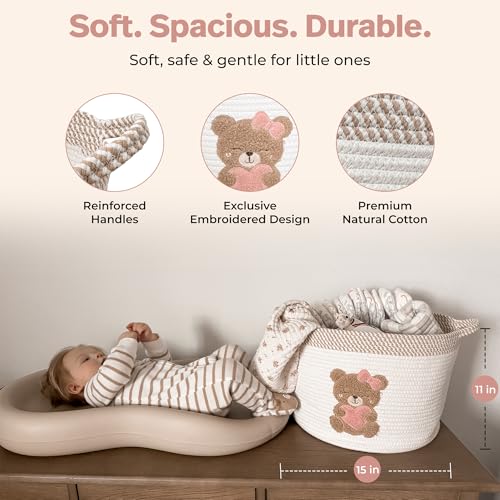 Pink Teddy Bear Storage Basket for Baby Girl Nursery – 15"x11" Cotton Rope Bin with Embroidered Bear Patch – Toy Organizer, Baby Laundry Hamper, Blanket & Diaper Holder – Foldable & Washable - color: Girl Teddy