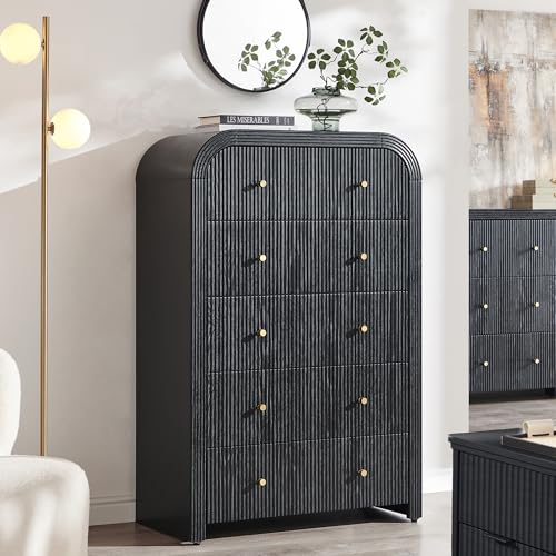 T4TREAM Fluted 5 Drawers Dresser, 48" Tall Modern Chest of Drawers with Thickened Curved Profile Design, Wood Closet Clothes Storage Organizer for Bedroom, Living Room, Hallway, Black Oak - color: Black Oak, size: 15.7"D x 31.5"W x 47.6"H (5 Drawers)