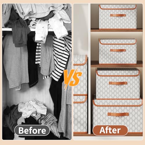 Tuza 4 Pack Fabric Storage Bins with Lids, Collapsible Closet Organizer Container, Decorative Storage Boxes with Lids for Organizing Clothes, Blanket, Grey & White, Large - color: Grey & White, size: 4 Pack - Large