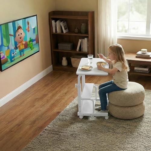WINAZ Small Bedroom Laptop Rolling Desk - 24" White Mobile Kids Desk with Wheels for Small Spaces, Height Adjustable C Shaped Side Table with 2-Tier Storage Shelves - color: White