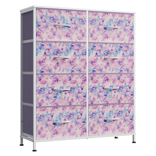 WLIVE Fabric Dresser for Bedroom, Tall Dresser with 8 Drawers, Storage Tower with Fabric Bins, Double Dresser, Chest of Drawers for Closet, Playroom, Dormitory, Tie-dye Print (Pink, Purple, Blue) - color: Tie-dye Purple Print, style: General