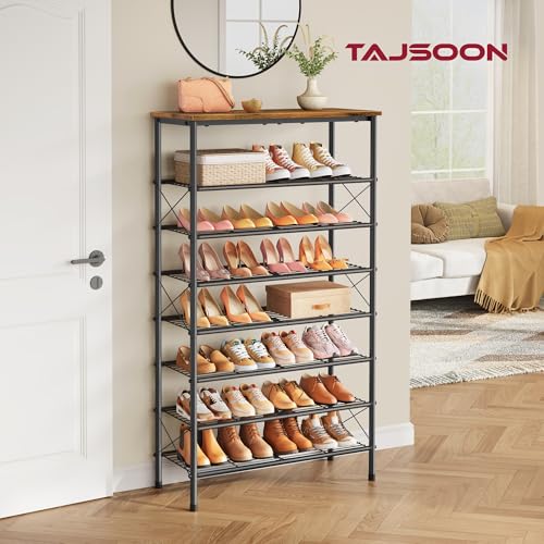 Tajsoon 8 Tier Free Standing Shoe Rack for 28-32 Pairs, X Shape Fixed Frame Metal Mesh Shoe Rack for Closet, Rustic Brown & Black - color: Rustic Brown & Black, size: 8-Tier
