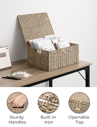 StorageWorks Seagrass Wicker Baskets for Organizing, Large Wicker Basket with Lid, Decorative Basket with Built-in Handles, Storage Baskets for Shelves, 1 Pack - color: Natural(Seagrass), size: 15"L × 11"W × 7"H