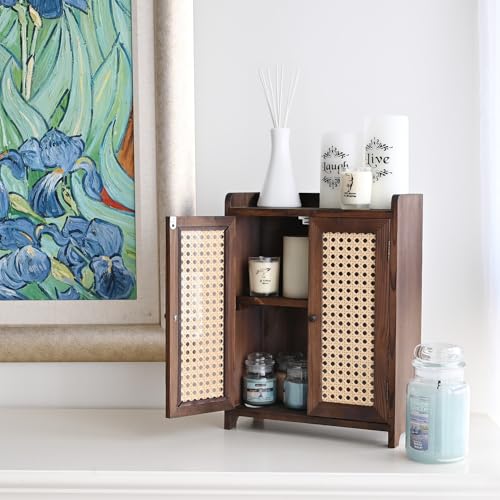 Ikee Design Wooden Countertop Storage Cabinet with Magnetic Rattan Doors, Kitchen Pantry Cabinet with Removable Shelves, Coffee, Snack, Cup Organizer, Dark Brown Color, 12.1W x 6.1D x 15.7H in - color: Dark Brown, 2 Door