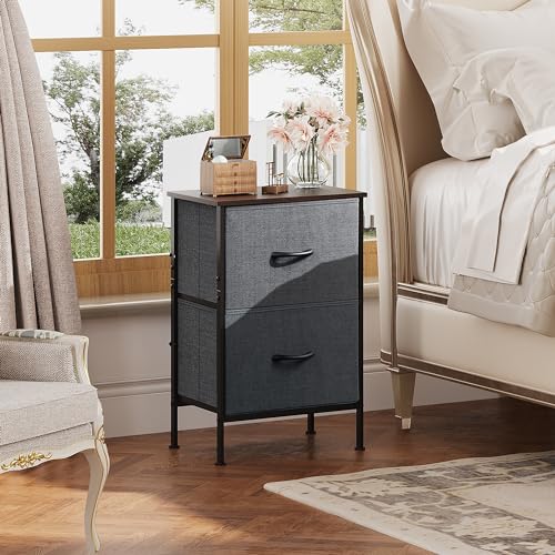 WLIVE Night Stand, Small Dresser with 2 Drawers & Wooden Top, Nightstand with Fabric Bins, Bedside Table End Table for Bedroom, Closet, Entryway, College Dorm, Charcoal Black - color: Dark Grey, size: 11.8"D x 15.7"W x 24.9"H