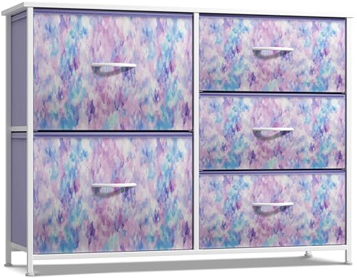 Sorbus Kids Dresser with 5 Drawers - Storage Chest Organizer Unit with Steel Frame, Wood Top & Handles, Tie-dye Fabric Bins for Clothes - Wide Furniture for Bedroom Hallway Kids Room Nursery & Closet - color: Purple Tie Dye, style: 5-Drawer
