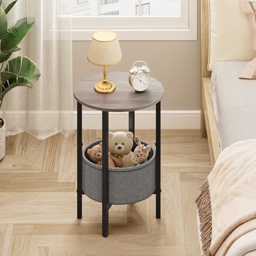 Vagusicc Round Side Table End Table with Storage Basket, Small Side Table Round Nightstand for Small Spaces, Tall Oval End Table with Steel Frame, Coffee Bedside Table for Living Room Bedroom, Greige - color: Greige