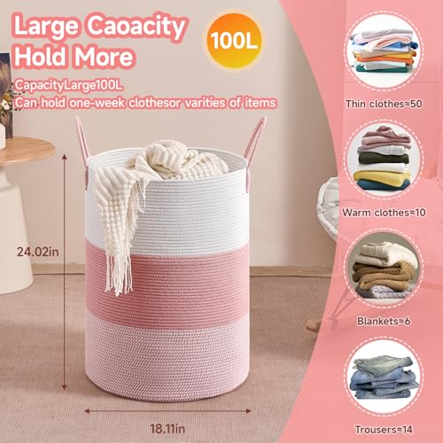 CLHMILY&Z 100L Laundry Basket Round Storage Rope Basket - 18.1x24 Inches - Pink Hamper in Bedreoom and Cute Storage Bin for Blankets, Toys, and Nursery Essentials - color: Pink & White, size: 100L