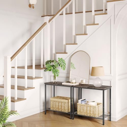 Hoctieon 2 Tier End Table, Sofa Side Table, Narrow Side Table with Storage, Slim Nightstand for Small Spaces, Metal Frame, for Living Room, Bedroom, Sofa Couch, Hall, Grey - color: Grey, size: 1 Pack