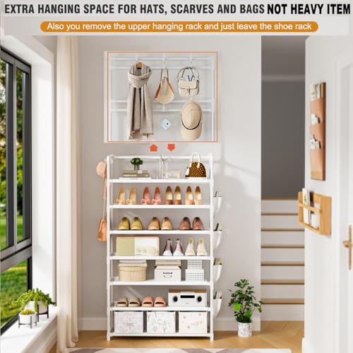 OYREL Shoe Rack 7 Tier Shoe Organizer Storage 21-28 Pairs Closet Shoes Rack for Front Door Entrance Shoe Rack Organizer with Hooks Side Pocket Entryway Large Capacity Shoe Shelf Tower Garage - color: White, size: 7 Tier (23.6"Wx 65.4"H)