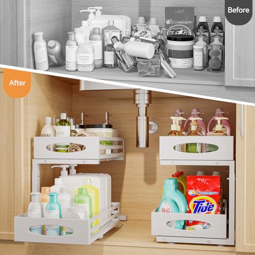 Under Sink Organizer, 2 Tier Under Sink Organizers and Storage, Adjustable Height, Slide out Metal Cabinet Organizers, Pull out Cabinet Storage Drawer Shelf for Kitchen Bathroom (White, 1 Pack) - color: White