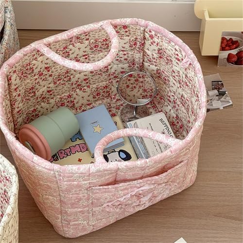 Quilted Fabric Storage Basket with Handles & Pocket, Foldable Laundry Hamper Boho Floral Print Organizer Bin for Home, Picnic, Office 12"x10"x10" (A-4) - color: A-4