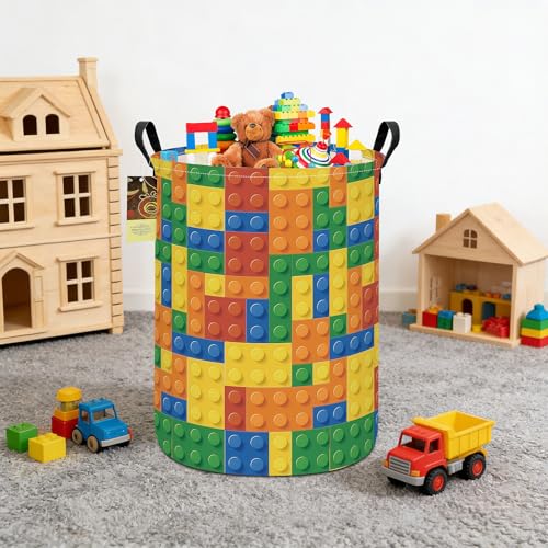 Collapsible Fabric Storage Basket, Waterproof Laundry Hamper with Handles, Round Storage Bin for Clothes Toys, Foldable Organizer for Bedroom Nursery Bathroom(Round-Colorful Blocks) - color: Round-Colorful Blocks
