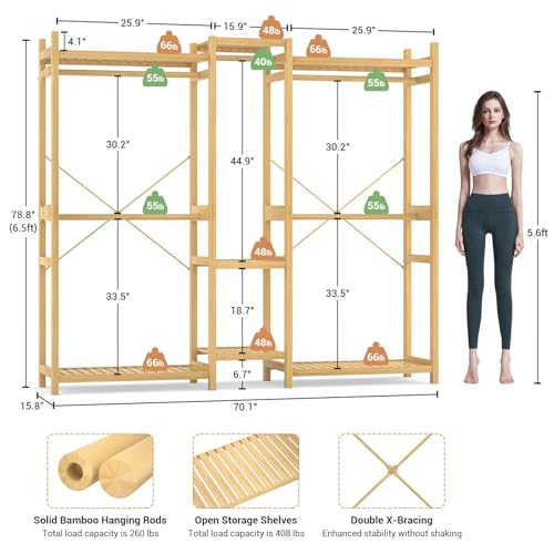 Homykic Bamboo Closet System Clothes Rack, Large Freestanding Garment Rack Clothing Rack for Hanging Clothes with 7 Storage Shelves and 5 Rods, Open Wardrobe Organizer with 4 Hooks, Natural - color: Natural, size: III Large