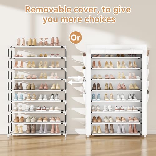 VILICK Shoe Rack with Cover, 8 Tier Tall Shoe Organizer Storage for 36-45 Pair Shoes and Boots Large Shoe Storage Shelf Free Standing Shoe Rack for Closet, Front Door Entrance, Dorm, Garage, White - color: White, size: 33.8"W-8 Tier