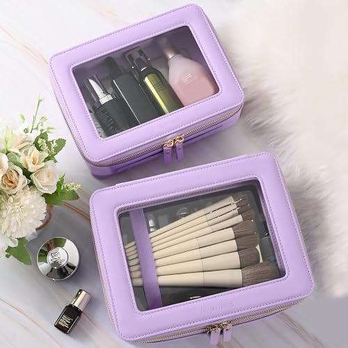 Aveniee Clear Makeup Bags, Double Layer Cosmetic Bags with a Separate Brush Compartment, Large Travel Toiletry Bag Train Case for Women, Travel Accessories Organizer.2 Layers Large, Lilac - color: Lilac, style: Dual Layer Large