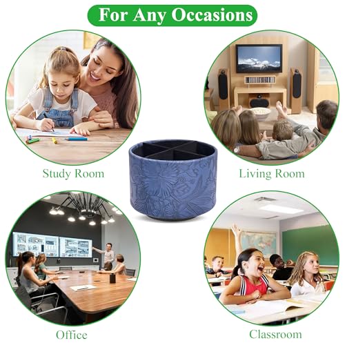 Hennaja Round Leather Art Supply Organizer,Remote Control Holder,360 Degree Spinning,Multi-Functional Pencil Holder,4 Compartments Desktop Stationary Organizer(1-Carved Blue) - color: 1-Carved Blue