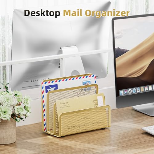 Marbrasse Mail Organizer for Desk, 3-Slot Mesh Metal Mail Holder countertop, Letter Holder, Office Desktop Envelope and Document Storage Rack (Gold) - color: Gold