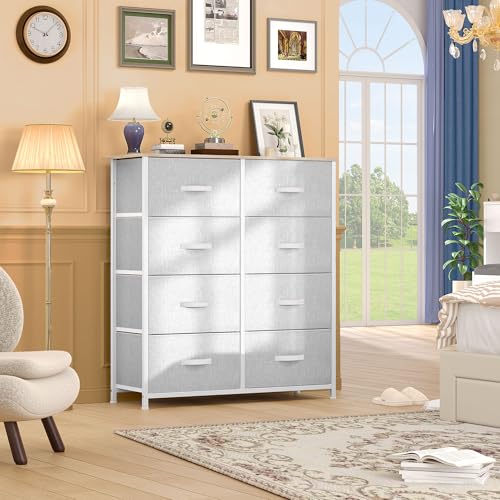 DWVO Fabric Dresser for Bedroom, Tall Dresser with 8 Drawers, Storage Tower with Fabric Bins, Chest of Drawers for Closet & Living Room - Sturdy Steel Frame, Wooden Top - color: Cool Grey, style: 8-Drawer