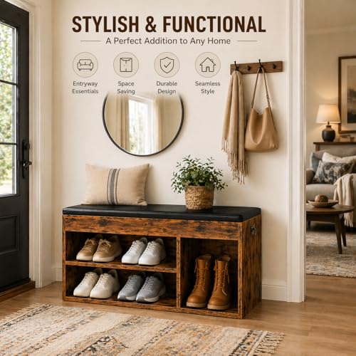 HOOBRO Shoe Storage Bench with Cushion, 32.3'' Entryway Bench with Lift Top Hidden Storage and Adjustable Shelves, Wooden Shoe Rack Bench for Entryway Bedroom, Rustic Brown and Black BF40HX01 - color: Rustic Brown + Black