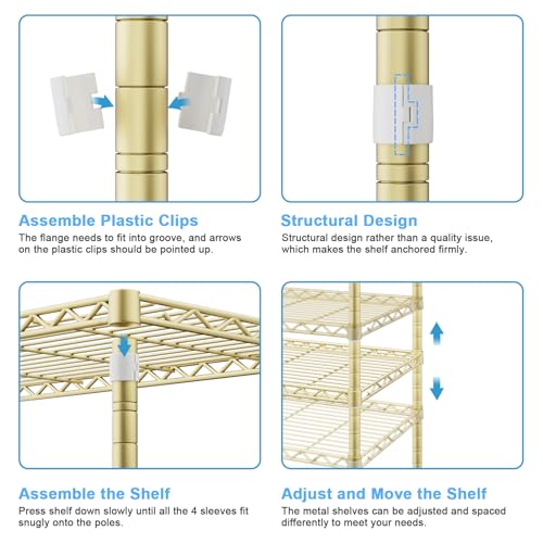 Ulif E11 Heavy-Duty Garment Rack, Metal Freestanding Clothes Rack and Closet Storage Organizer System with 8 Shelves and 4 Hanger Rods, (73.2-97.6)" W x 14.5" D x 71.2" H, Load 1034 LBS, Gold - color: Gold