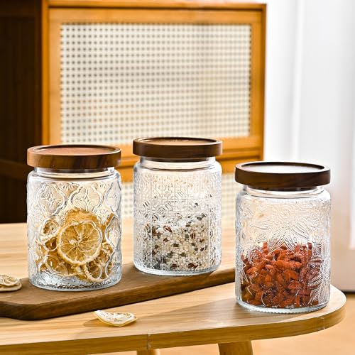 Adodeen 3-Pack 24oz Glass Jar With Airtight Lid,Kitchen Canisters For Countertop,Coffee Sugar Container Set,Pantry Glass Storage Containers For Flour,Candy,Loose Tea,Snack, mason jars - color: Sunflower/Bigonia/window-24oz