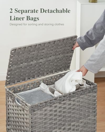 SETVSON Laundry Hamper with Lid, 112 L Handwoven Rattan Wicker Laundry Basket, 2 Removable Liner Bags Metal Heightened Feet, 6 Mesh Bags, 2 Section Large Clothes Hamper for Bathroom Bedroom, Gray - color: Gray, size: 112 L - 29.6 gal