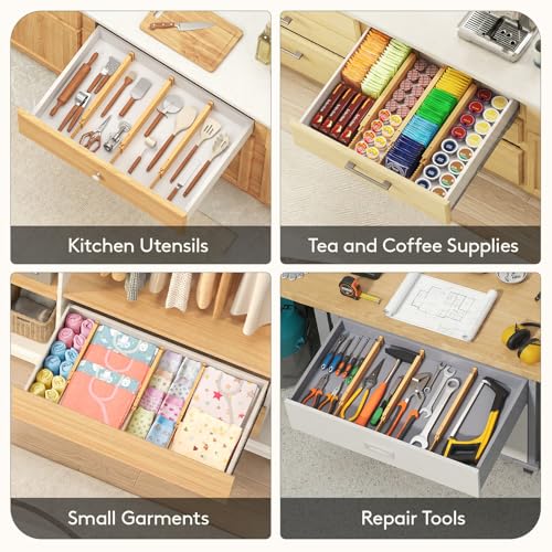 Lifewit 2.36" High 5 Pack Bamboo Drawer Dividers, 14.2-22" Expandable Kitchen Drawer Dividers, Adjustable Drawer Dividers for Clothes, Drawer Separators for Dresser, Kitchen, Bedroom, Bathroom