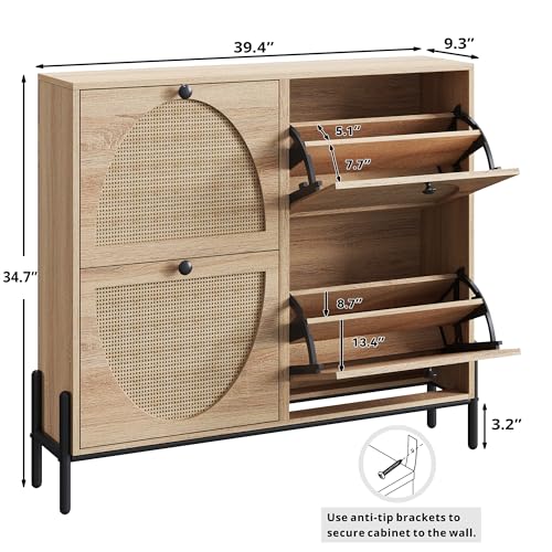 IRONCK Rattan Shoe Cabinet Storage with 4 Flip Drawers, Freestanding Shoe Storage Organizer Cabinet for Entryway, Narrow Shoe Rack Cabinet, Oak - color: Oak