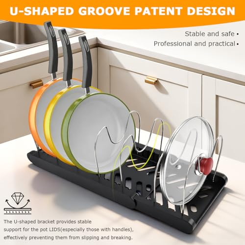 Expandable Pot and Pan Organizer Rack for Kitchen Cabinet or Under Sink,with 10 Adjustable Compartment 13"-23" Adjustable Length for Lids Bakeware Frying Rack and Cookware(COLOR:Black) - color: Black