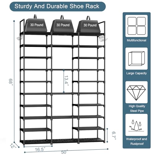 Kottwca 3 Row 10 Tier Large Shoe Rack Organizer for Closet Entryway, 60-65 Pair Shoe Boot Storage Rack, Metal Shoe Shelf Tall Vertical Stackable Shoe Stand for Bedroom Corner - size: 3 Row 10 Tier