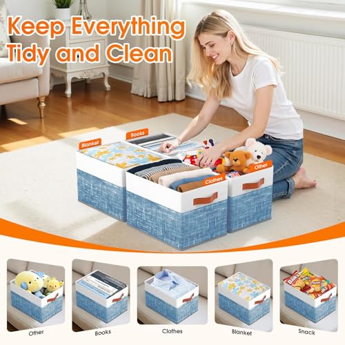 Fab totes Collapsible Storage Baskets for Shelves,14"x10", 8 Pack Foldable Fabric Storage Bins with Double Leather Handles, Large Baskets for Organizing Books, Clothes, White & Blue - color: Blue, size: 8pack