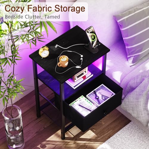 LOAKEKEL LED Night Stand with Charging Station, Small Bedside Table with USB Ports & Outlets, Fabric Storage Drawer with PU Finish for Bedroom, Black, HETS01BK-1 - color: Black, style: One-drawer