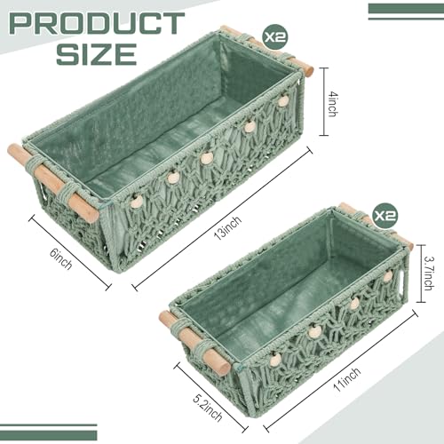 Vesici 4 Pcs Green Macrame Storage Basket for Shelves 13 in 11 in Boho Storage Basket Hand Woven Boxes with Wood Handles Beads Decorative Countertop Toilet Tank Cabinet Organizer for Home Room Decor - color: Green