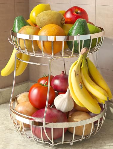 Sevenblue 2 Tier Fruit Basket for Kitchen Counter with 2 Banana Hangers, 2026 Pro Detachable Metal Fruit Bowl with Wooden Handle,Fruit Holder for Bread Snack Veggies, Silvery Extra Large - color: Silver, size: 2 Tier Extra Large