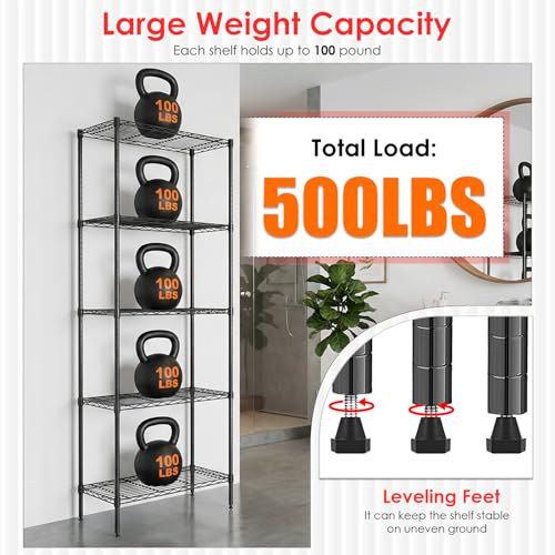 BestOffice | 5-Tier Wire Storage Shelves | 14 x 24 x 60 | Black | with Adjustable Racks | Metal Shelf, Holds Upto 500 lbs | No-Tool Assembly | Ideal for Home & Garage Shelving - color: Black, size: 14"D x 24"W x 60"H（Adjustable）