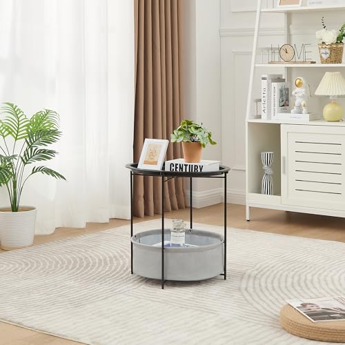 VECELO Round Side/End Table with Fabric Storage Basket，Metal Anti-Rust and Waterproof Small Bedside Nightstand with Removable Tray Top for Living Room，Balcony & Laundry，Black /1pcs with Basket - color: Black, size: 1 PCS